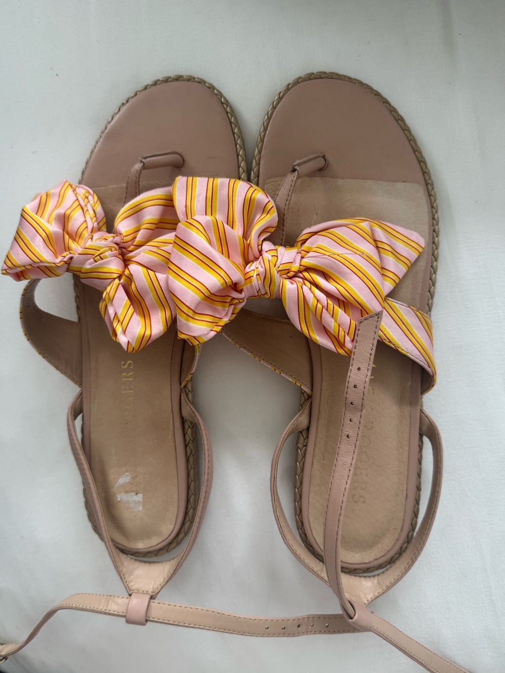 Jack Rogers Bow Sandals Pink Yellow Stripe Leather Slingback Women’s 8.5